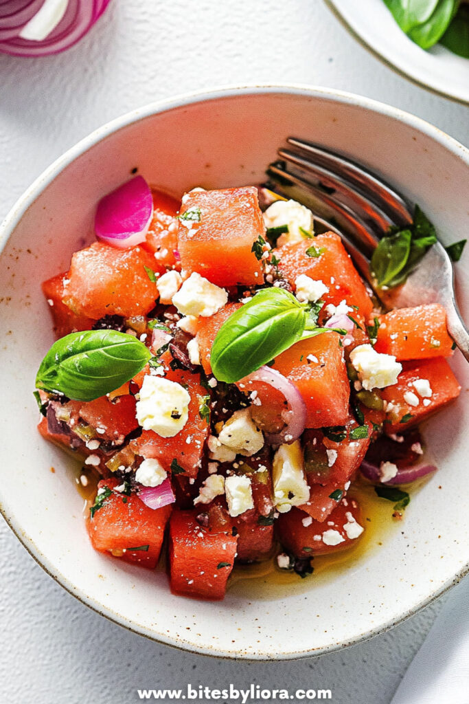 Watermelon Salad with Feta, Onion, and Basil