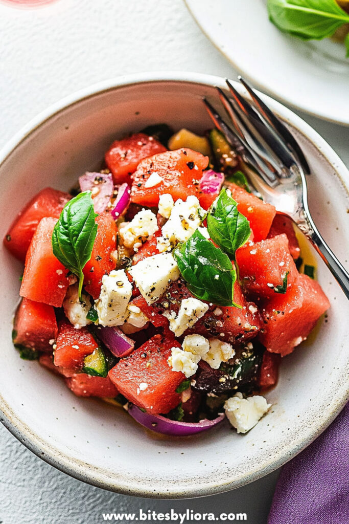 Watermelon Salad with Feta, Onion, and Basil