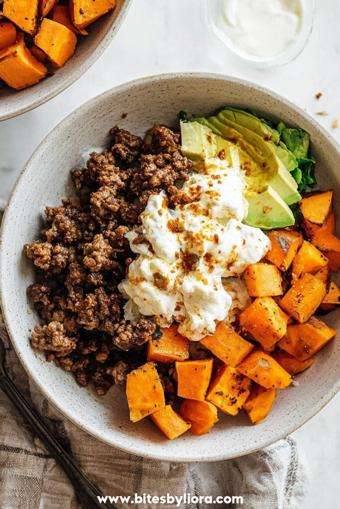 cottage cheese sweet potato beef bowl