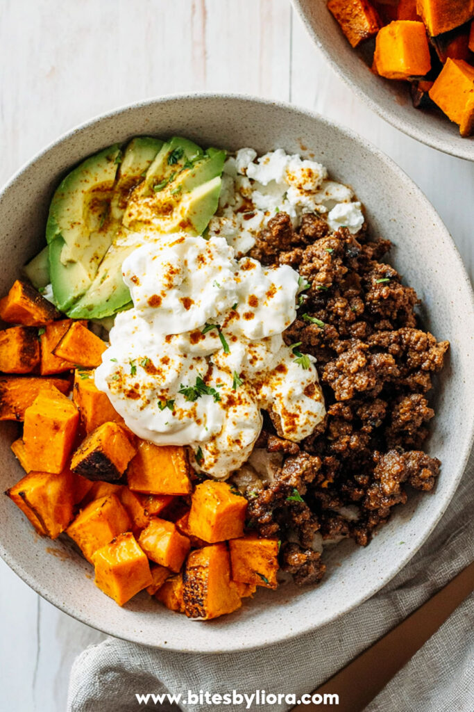 cottage cheese sweet potato beef bowl